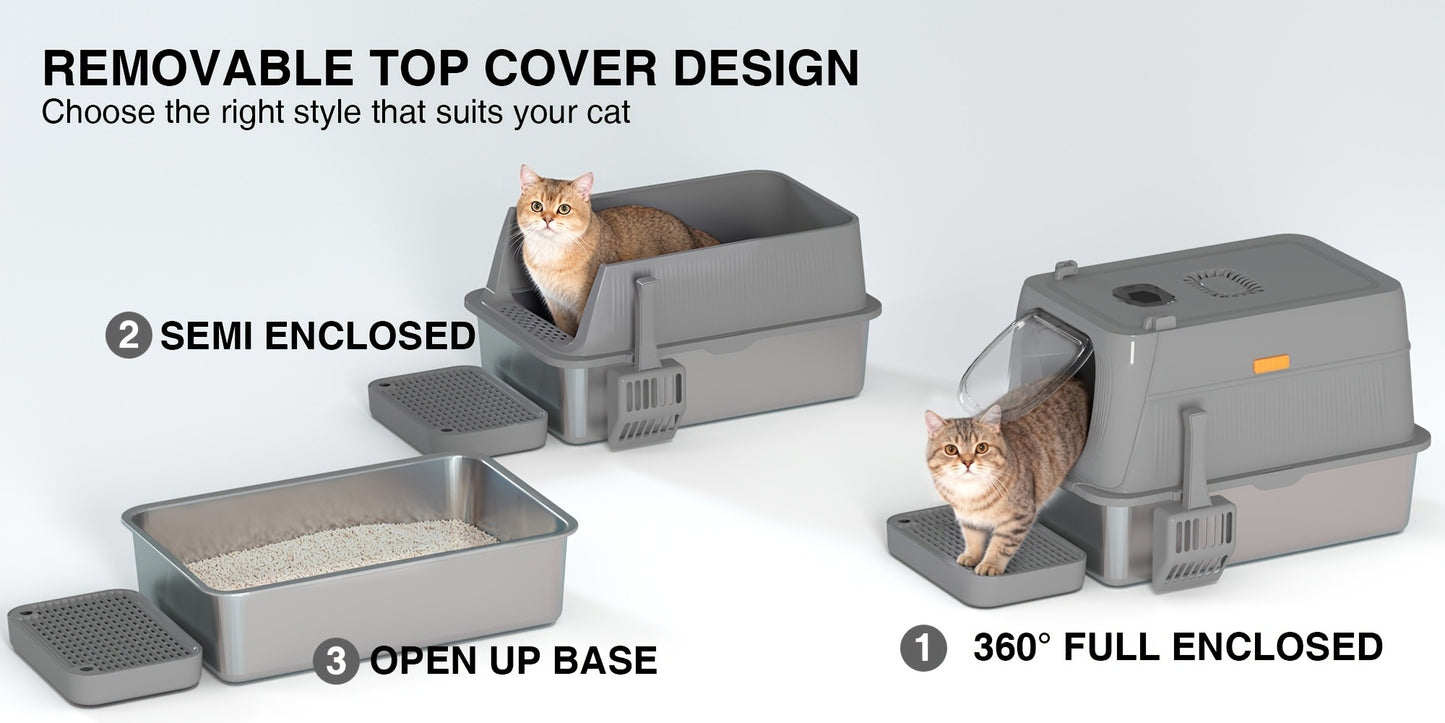 Extra Large Enclosed Cat Litter Box – Stainless Steel with Front Flap Door, Foldable Anti-Splash Fully Covered Design