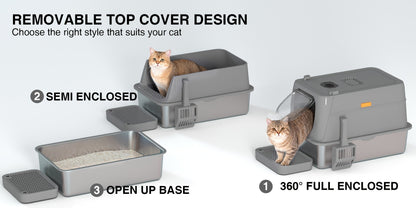 Extra Large Enclosed Cat Litter Box – Stainless Steel with Front Flap Door, Foldable Anti-Splash Fully Covered Design