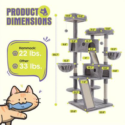 Cat Tree Tower Multi-Level for Indoor Cats – Cat Furniture with Sisal Scratching Posts, Plush Perches, Hammock, Basket & Corner Condo Cave