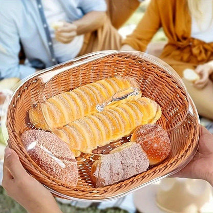 Wicker Bread Basket with Clear Acrylic Lid Rattan Storage Basket Washable Food Tray for Bread Fruit Desserts Kitchen Picnic Home Display