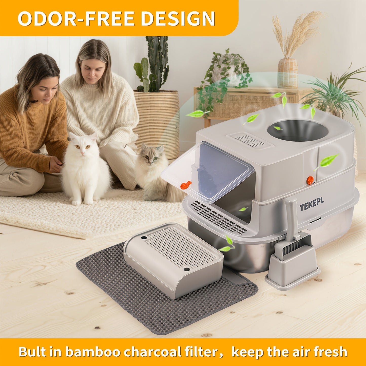 Stainless Steel Cat Litter Box with Lid – Extra Large 68L Enclosed & Semi-Open Modular System, 304 Steel Non-Stick Easy Clean