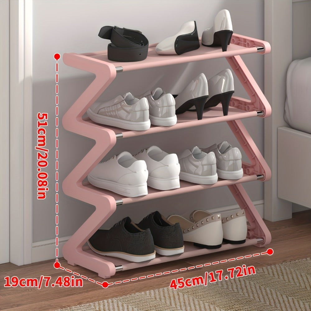 Four-Tier Z-Frame Shoe Rack with Metal Tubes in Graphite Black, Dawn Pink, Gray or Breeze Blue
