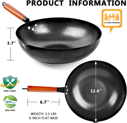 Carbon Steel Wok Set with Lid and 14-Piece Accessory Kit, 12.6 Inch Stir-Fry Pan with Spatula, Brush, Ring and Utensils