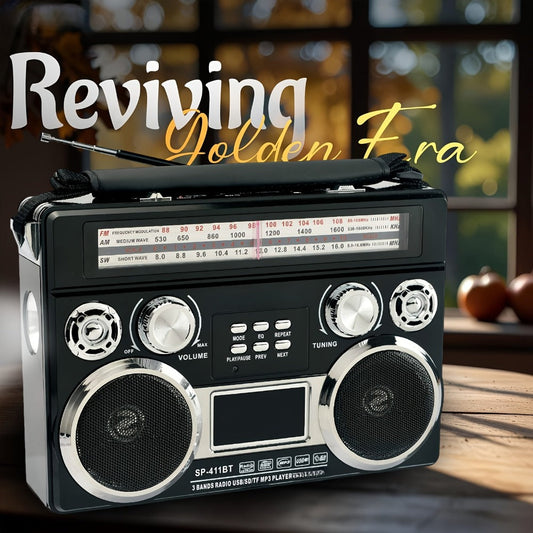 Solar Powered Bluetooth Radio Retro Portable AM FM SW with LED Flashlight, TF SD USB AUX MP3 Playback