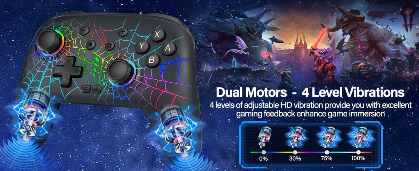 RGB Wireless Gaming Controller in Black with Spiderweb Shell, Back Buttons and USB-C Charging for Switch Systems