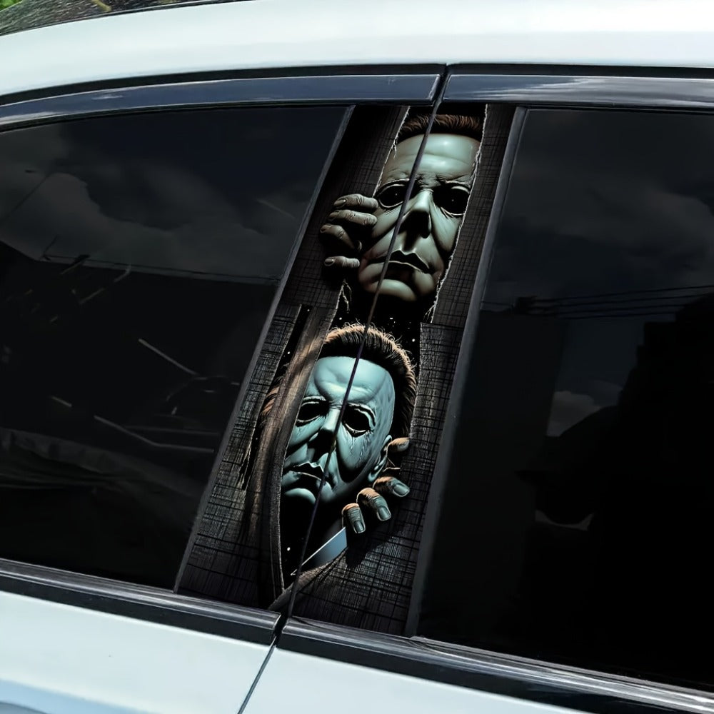 Two-Piece Masked Figure Car Window Decal Set with Stacked Black-and-Gray Horror Portrait Panels