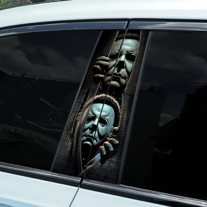 Two-Piece Masked Figure Car Window Decal Set with Stacked Black-and-Gray Horror Portrait Panels