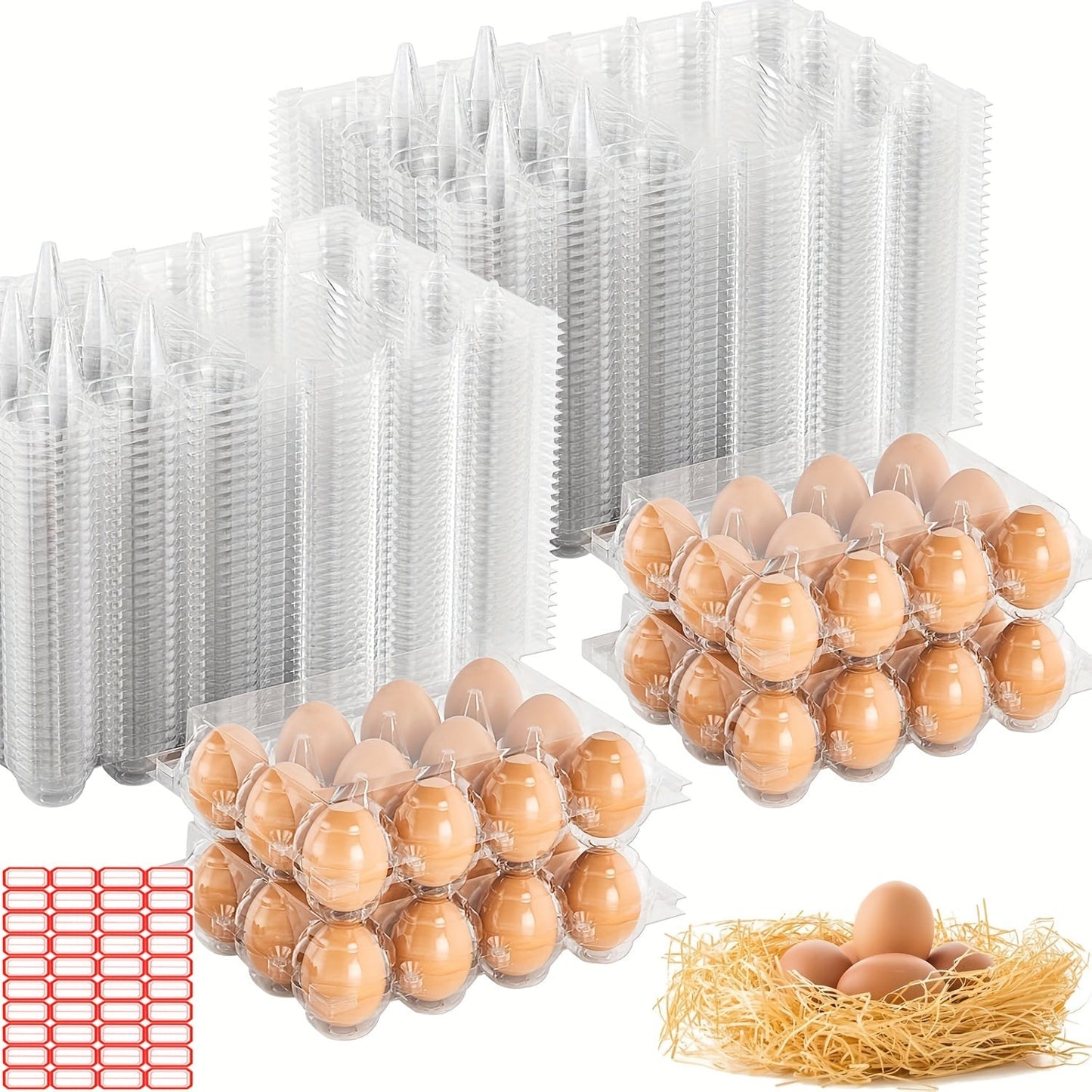 52/104-Pack Clear Plastic Egg Cartons Bulk with Sticker Labels – Reusable 12-Count Egg Containers for Home Farm Market Display