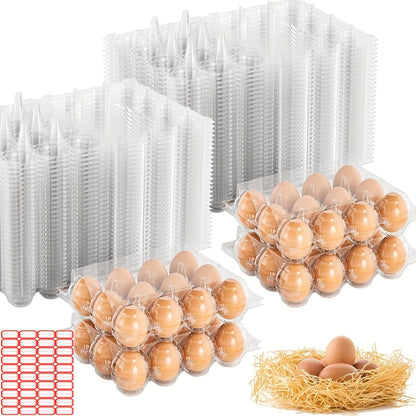 52/104-Pack Clear Plastic Egg Cartons Bulk with Sticker Labels – Reusable 12-Count Egg Containers for Home Farm Market Display