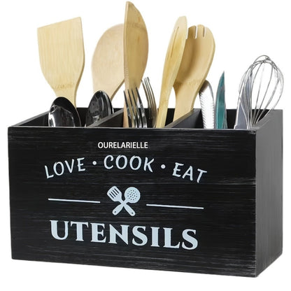 Wooden Cutlery Storage Box with Grid Compartments Chopstick Organizer Rack with Metal for Home Cooking, Dining and Outdoor Meals