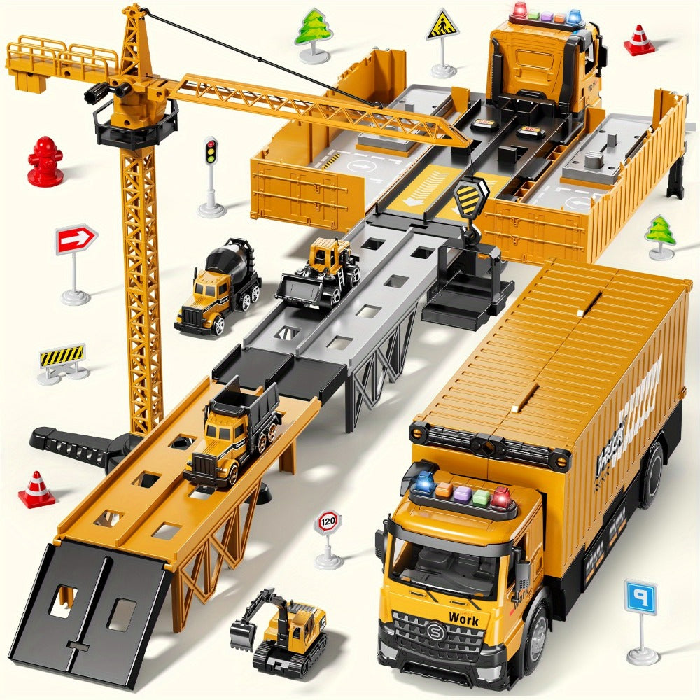 Construction Vehicle Container Truck Toy Set with Crane & Foldable Double Race Track, 4 Alloy Trucks