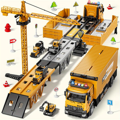 Construction Vehicle Container Truck Toy Set with Crane & Foldable Double Race Track, 4 Alloy Trucks
