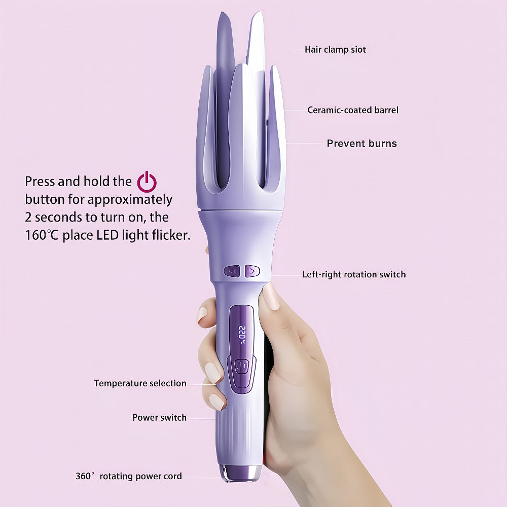 Automatic Rotating Curling Iron 4 Temperature Settings 40M Negative Ion Ceramic Barrel, for Home, Travel and Salon Hair Styling