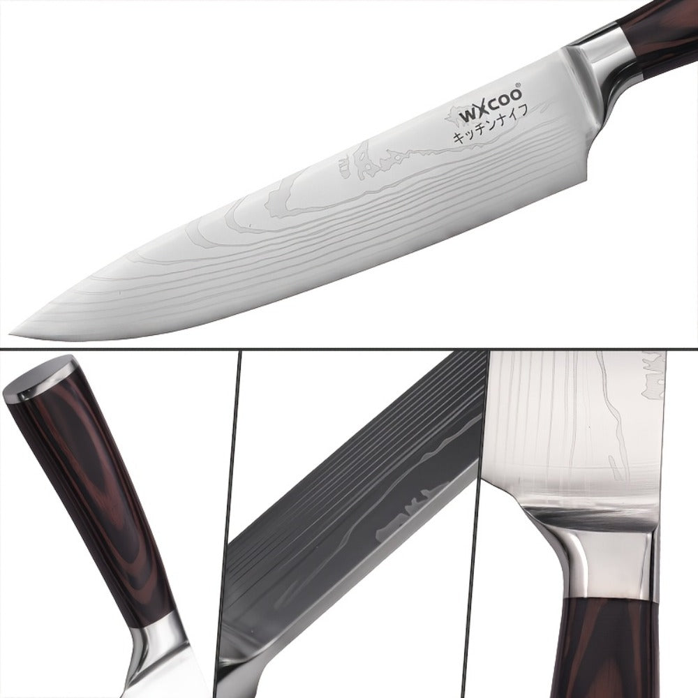 Kitchen Knife Set 8-Piece 5Cr15MoV Stainless Steel with Hammered Blades, Wood-Style Handles and Shears Options