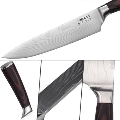 Kitchen Knife Set 8-Piece 5Cr15MoV Stainless Steel with Hammered Blades, Wood-Style Handles and Shears Options