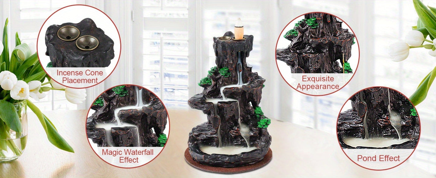 Backflow Incense Burner Waterfall Smoke Effect 2-Side Incense Holder with 120 Backflow Cones for Entryways, Bedrooms and Living Spaces