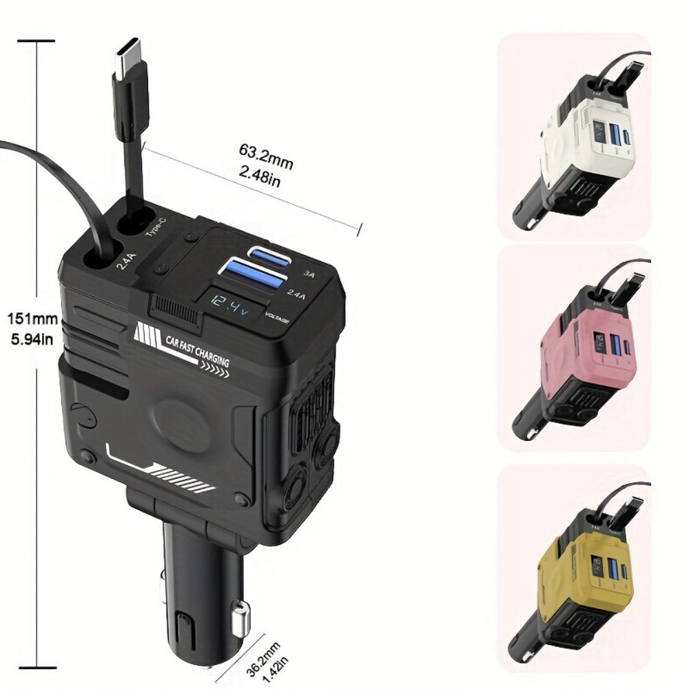Dual Retractable Cable Car Charger 4-in-1 with Lightning & Type-C 31in, 2 USB-A Ports & Voltage Supervision