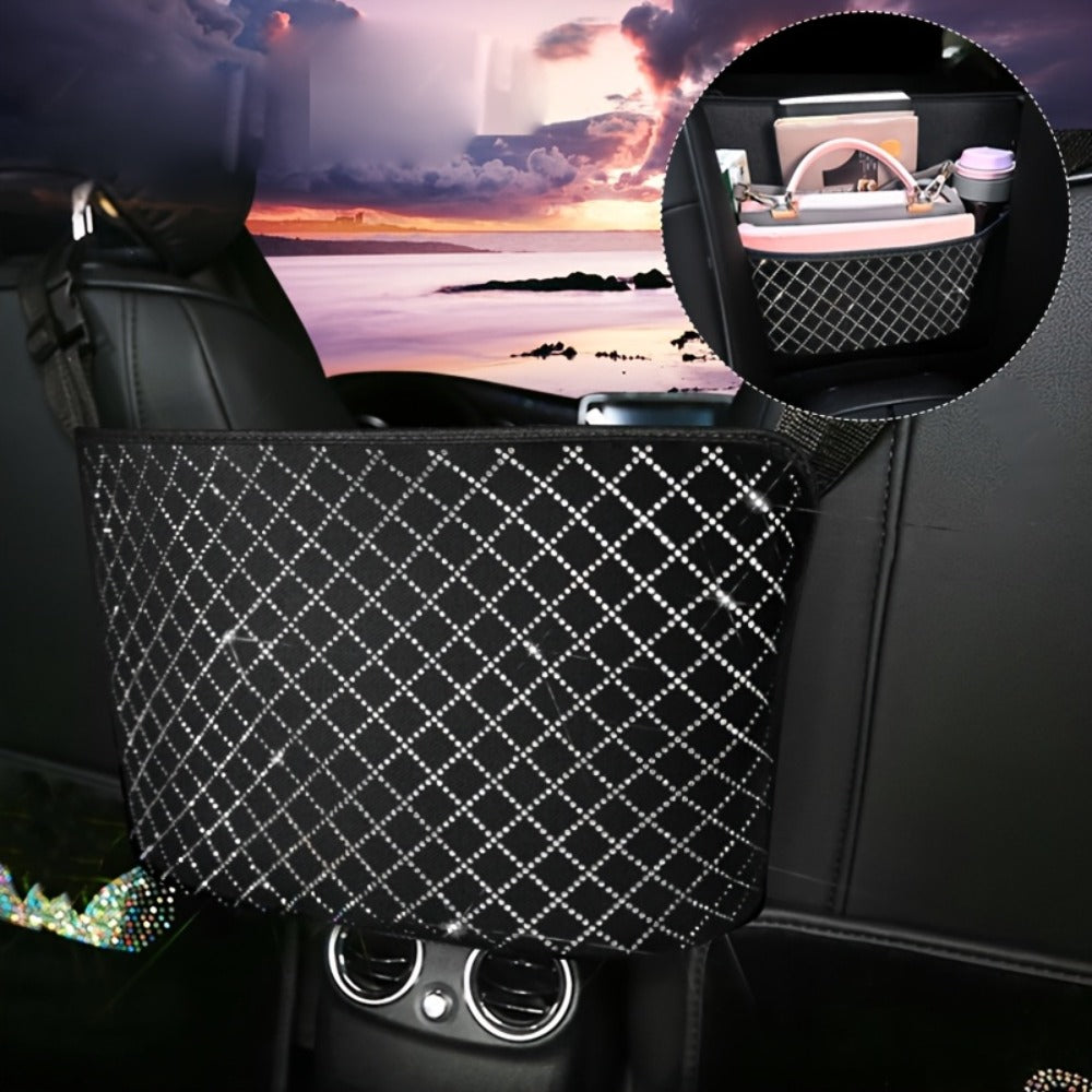 Rhinestone Car Seat Back Purse Holder and Mesh Barrier in Six Crystal Color Checkouts for Cars and SUVs