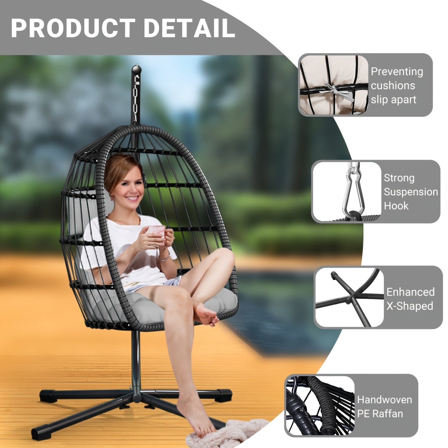 Outdoor Egg Chair with Stand Rattan Wicker Hanging Swing Hammock Chair Thickened Aluminum Frame UV-Resistant Cushion 350LBS Capacity Patio