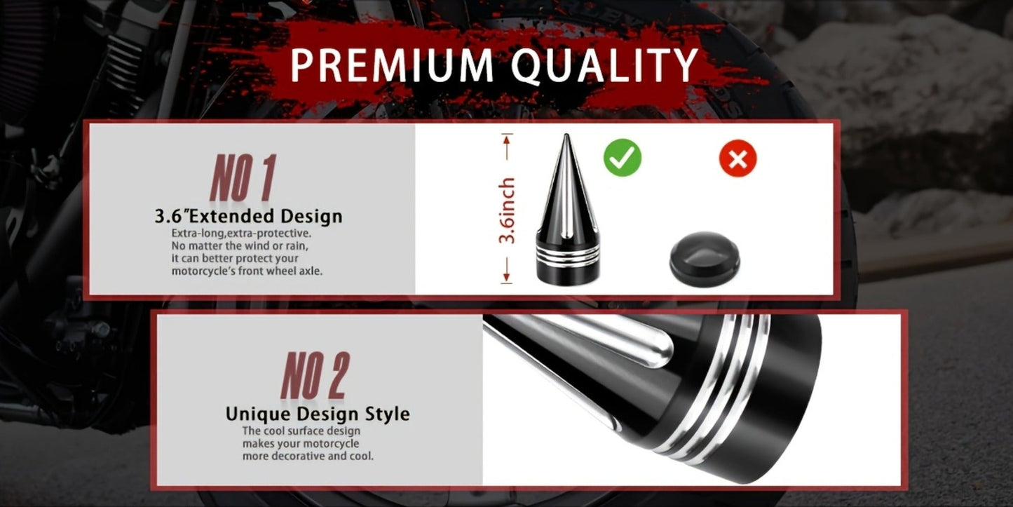 CNC Spike Motorcycle Front Axle Nut Covers Caps 3.6" – Fits Harley Touring Street Glide Road King Electra Glide Tri Glide 2008-Later
