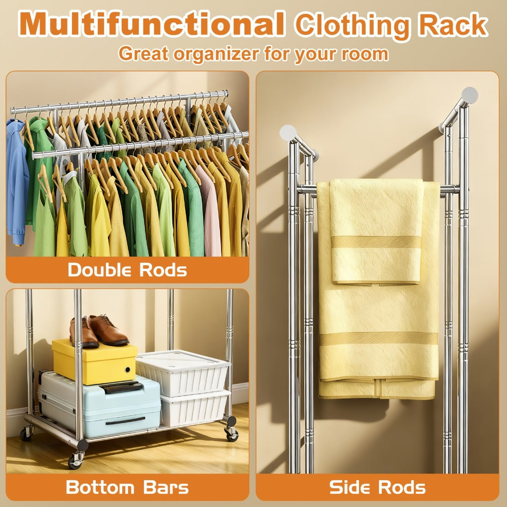 Portable Clothes Rack with Wheels, Double Rod Garment Rack with Shelves & Hooks, Metal Rolling Clothing Rack for Hanging Clothes