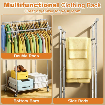 Portable Clothes Rack with Wheels, Double Rod Garment Rack with Shelves & Hooks, Metal Rolling Clothing Rack for Hanging Clothes