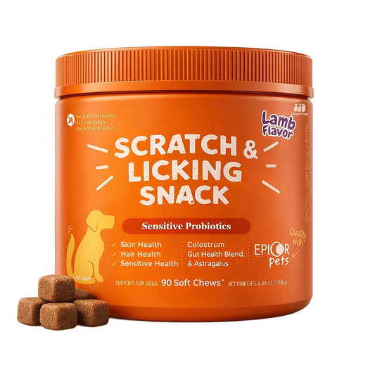 Dog Omega 3 Skin & Coat Chews 90ct – Lamb Flavor Soft Pellets with Probiotics for Itching, Scratching & Licking Relief