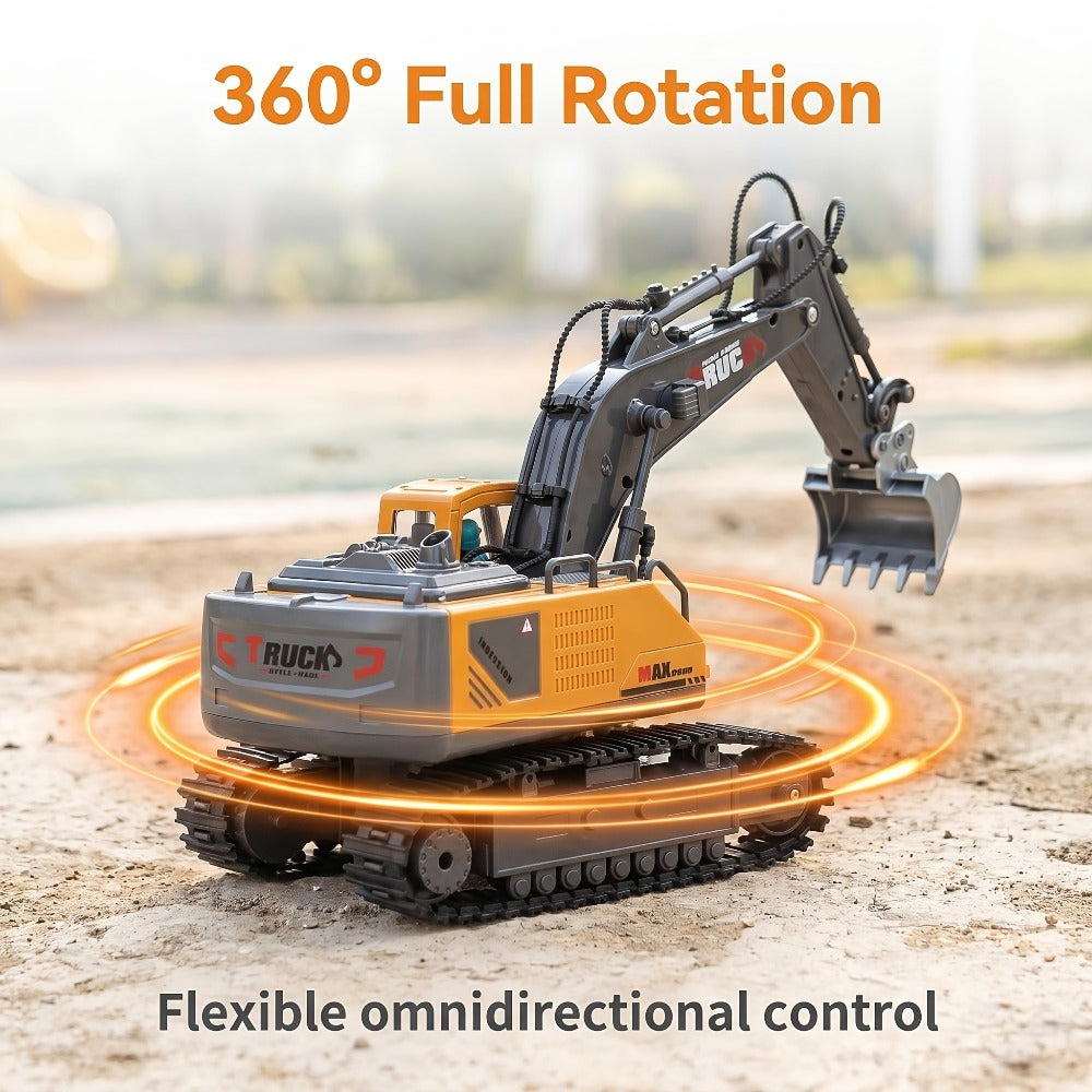 RC Excavator Toy for Kids Track Type 2.4GHz, 1200mAh Rechargeable Remote Control Construction Truck with Metal Shovel & LED Light