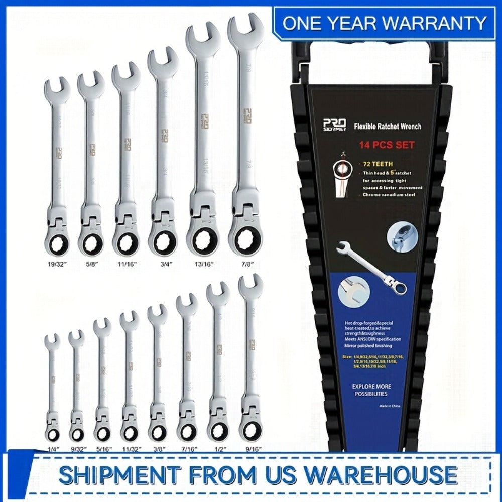 Flex Head Ratcheting Wrench Set SAE 14-Piece – 1/4" to 7/8" Chrome Vanadium Steel 72-Tooth 180° Flex Head with Organizer Rack for Auto