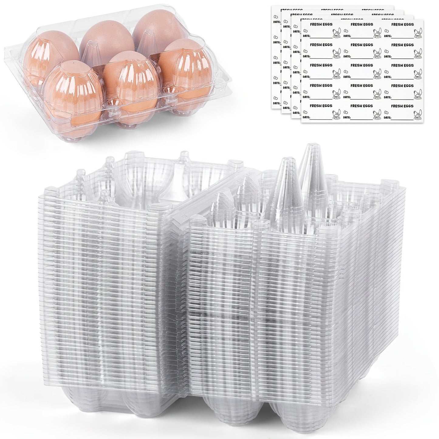 Plastic Egg Cartons, 60 Pack Clear 6-Cavity Reusable Egg Holders with 4 Label Stickers – Bulk Egg Carton Set for Home, Ranch, Chicken Farm