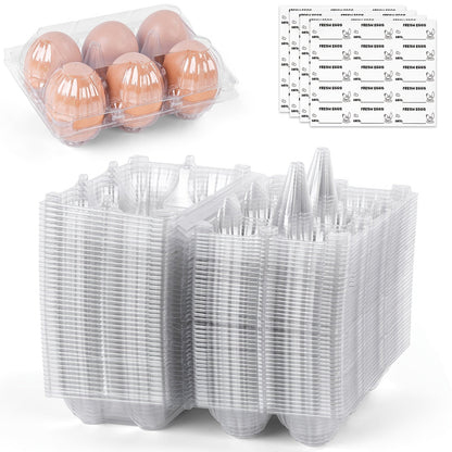 Plastic Egg Cartons, 60 Pack Clear 6-Cavity Reusable Egg Holders with 4 Label Stickers – Bulk Egg Carton Set for Home, Ranch, Chicken Farm