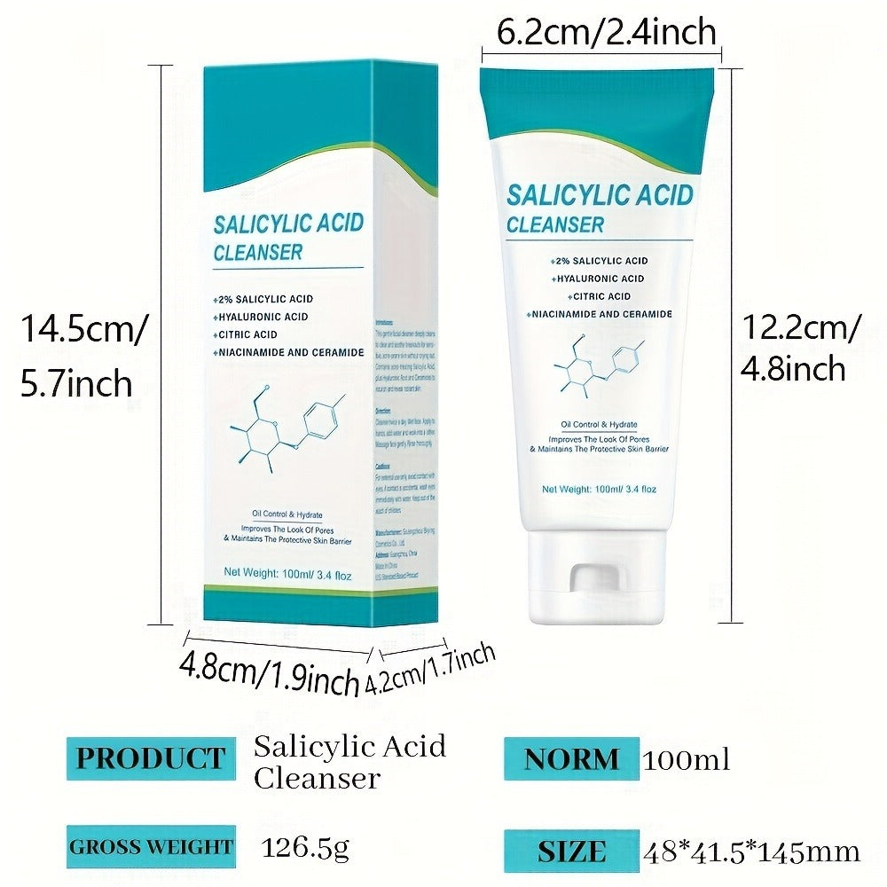 Salicylic Acid Facial Cleanser Gel, Deep Cleansing & with Hyaluronic Acid, Non-Comedogenic, Paraben-Free