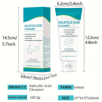 Salicylic Acid Facial Cleanser Gel, Deep Cleansing & with Hyaluronic Acid, Non-Comedogenic, Paraben-Free