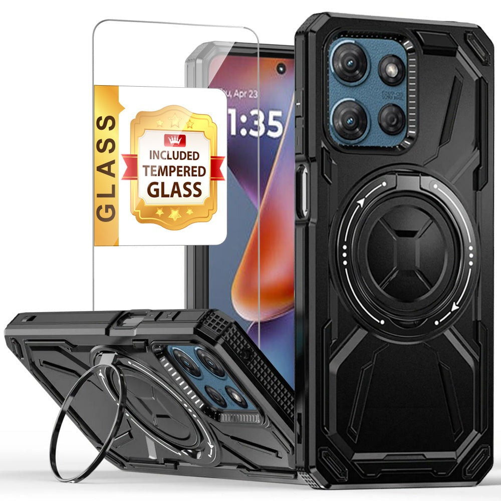 Phone Case Ring Stand Cover with Tempered Glass Protector for Moto G Power 5G 2025 in Five Colors