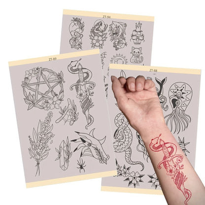 Tattoo Transfer Paper 3 Sheets, Pre-Drawn Stencils with Floral, Paisley, Spiderweb, Snake & Pizza Designs