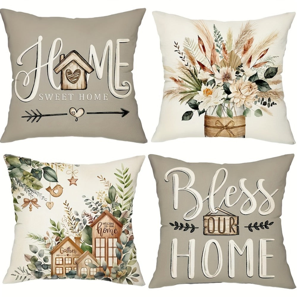 Eucalyptus Leaf Pillow Covers Set of 4 Farmhouse Style White Gray Decorative Throw Pillow Cases – 18x18 Inch Indoor Outdoor Sofa Chair