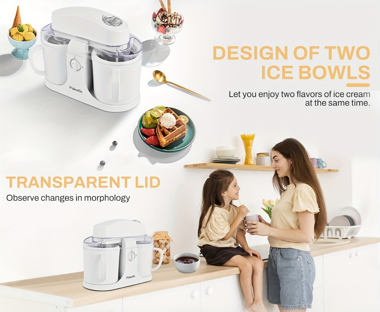 Ice Cream Maker Machine Dual Cup Self-Freezing, Make 2 Flavors Homemade Ice Cream Sorbet Frozen Yogurt at Once