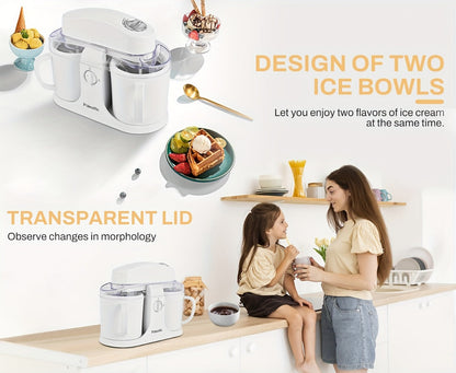 Ice Cream Maker Machine Dual Cup Self-Freezing, Make 2 Flavors Homemade Ice Cream Sorbet Frozen Yogurt at Once