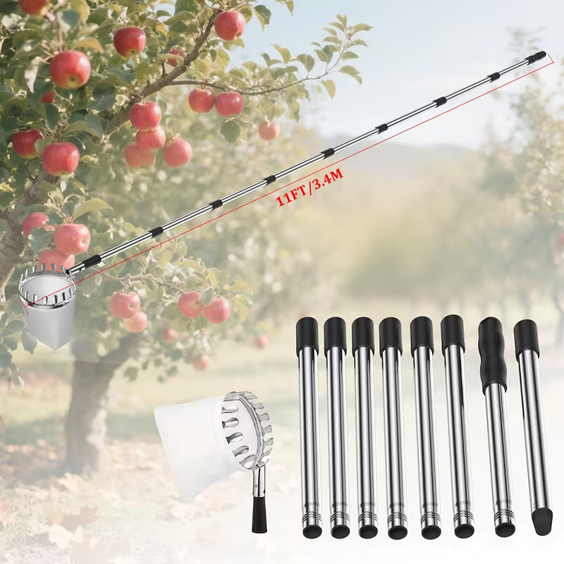 Stainless Steel Fruit Picker with Adjustable 63 to 157 Inch Extension Pole and Non-Slip Handle for Orchard Harvesting