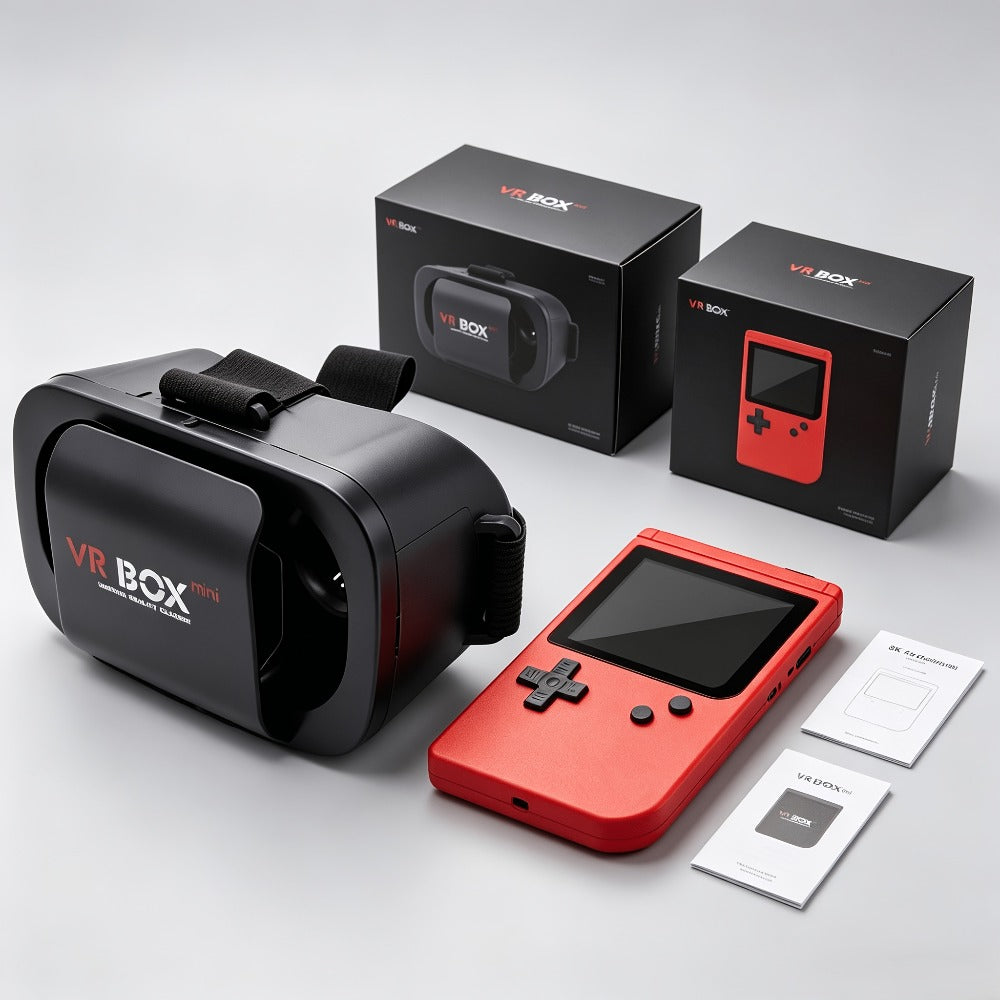 VR Headset & Retro Handheld Game Console Set, Mini 3D HD Virtual Reality Glasses with Portable Game Console