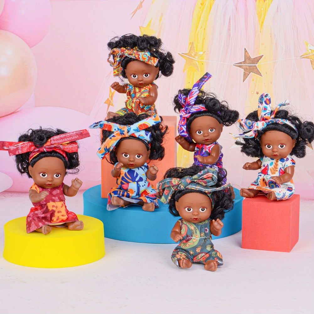 Miniature Girl Doll Set 6 Pcs 4 Inch Articulated Arms & Legs, Colorful Outfits Printed Headscarf