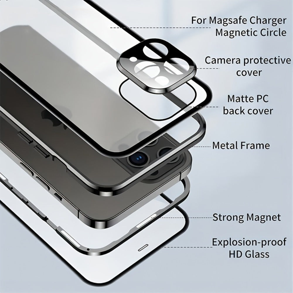 Double-Sided Glass iPhone Case with Stand 2-Piece Set Magnetic 360 Metal Frame Safety Lock Lens for an Everyday Personal Care Routine