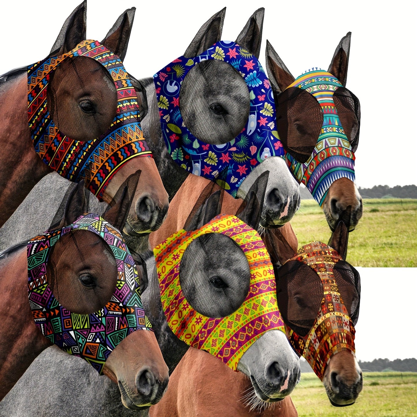 Horse Fly Mask with Ears 6-Pack – Soft Elastic Breathable Face Covering for Horses | Smooth Comfortable Fit, Geometric Pattern, Medium Size