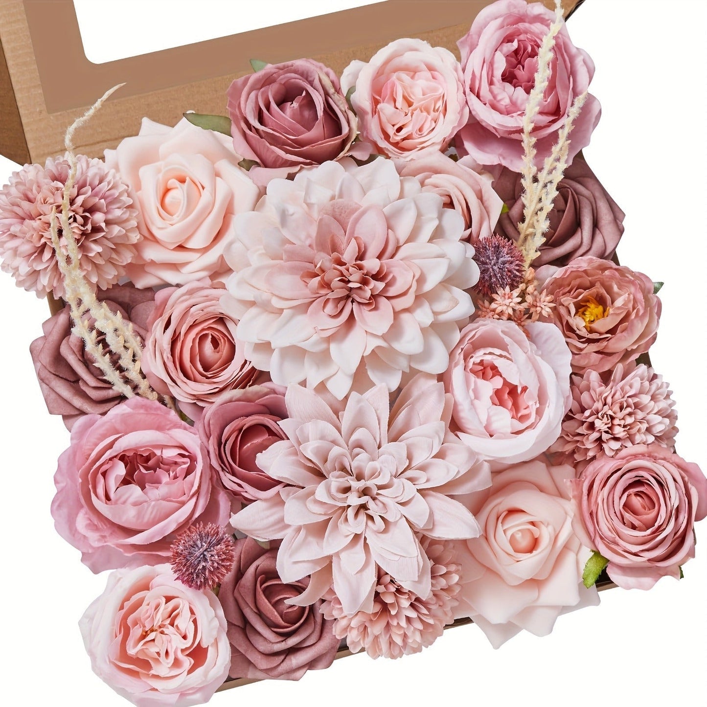 Pink Rose Dahlia Faux Flowers Box - Realistic PE Foam Artificial Flowers with Wire Stems for Entryways, Bedrooms and Living Spaces