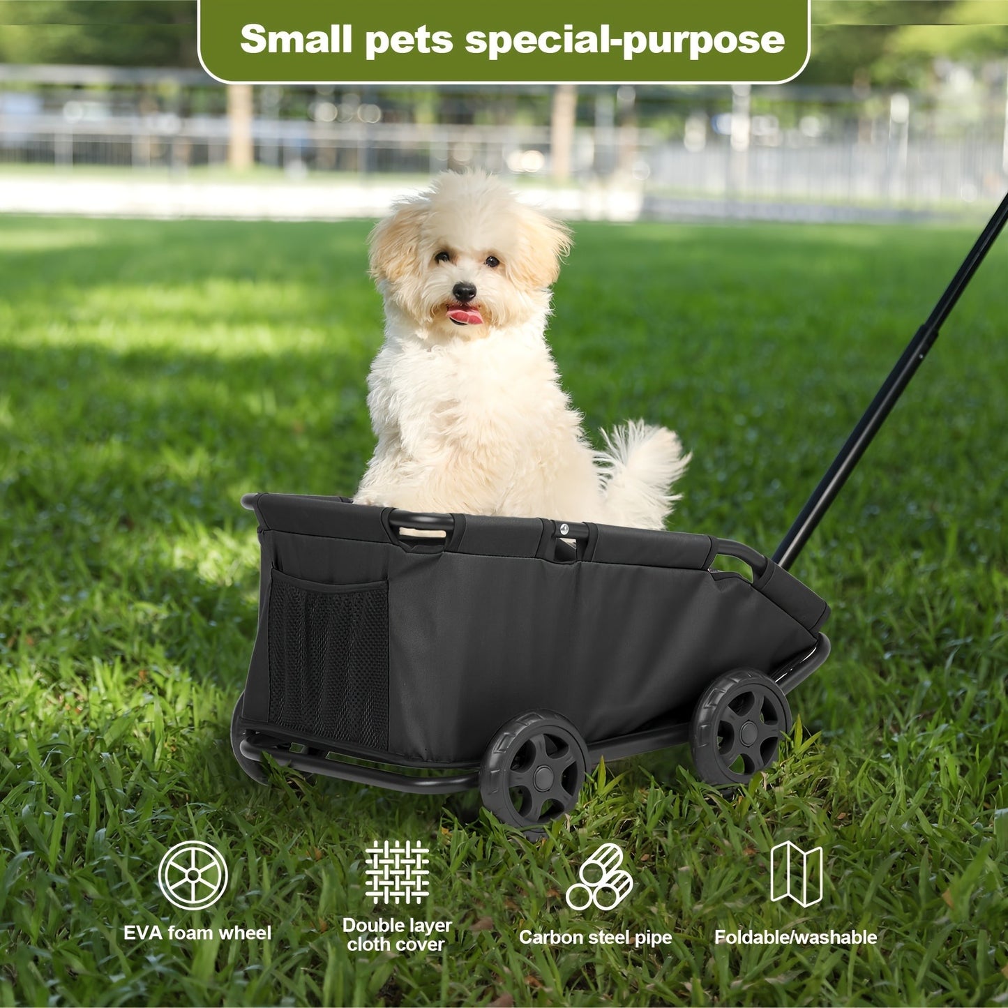 Pet Stroller Foldable 4-Wheel Dog Cat Stroller with Storage Basket – 360° Swivel Front Wheels, Rear Brake