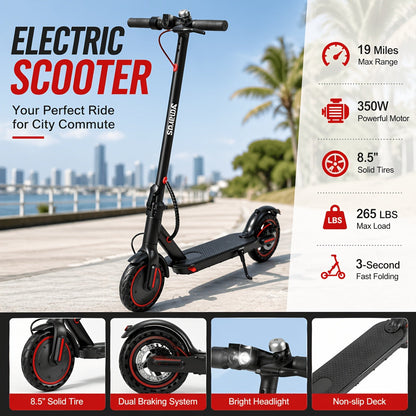 Electric Scooter for Adults 350W Motor Foldable Commuter E-Scooter 19 Miles Range 8.5" Solid Tires Portable Lightweight Travel Scooter