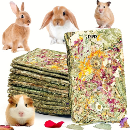 Rabbit Chew Toys for Teeth – 12-Pack Natural Timothy Hay Chips with Herbal Flowers | Bunny Molar Treats & Small Animal Snacks for Guinea