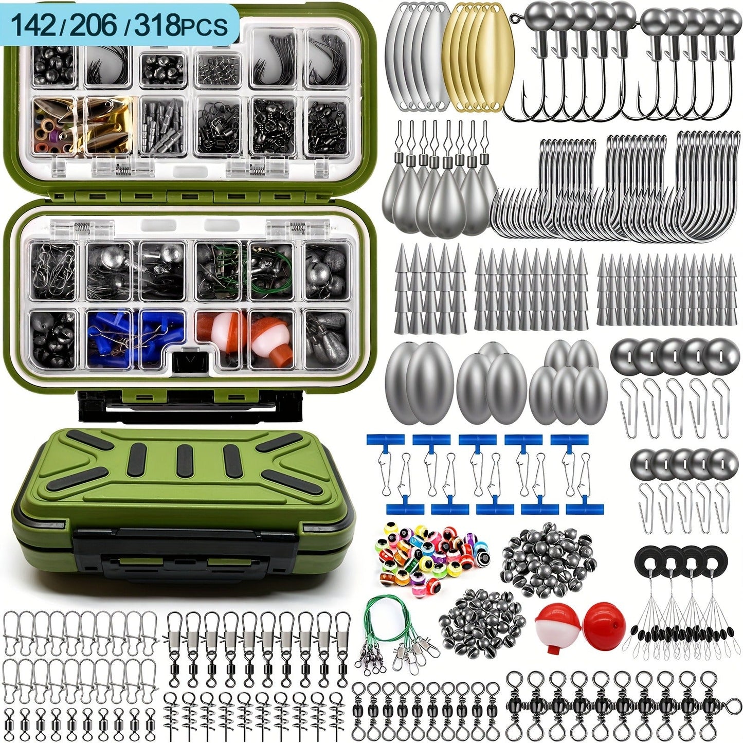Fishing Tackle Kit 142/206/318 Pcs – Hooks, Jigs, Weights, Swivels, Beads & Connectors for Freshwater & Saltwater Bass Trout Fishing