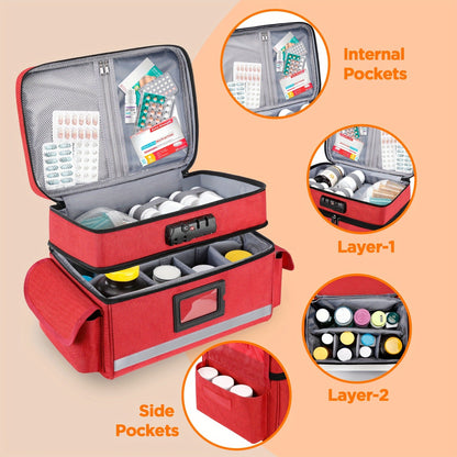Lockable Medicine Organizer Bag with Combination Lock, Double-Layer Large Capacity Pill Bottle Storage Case for Prescription Bottles First