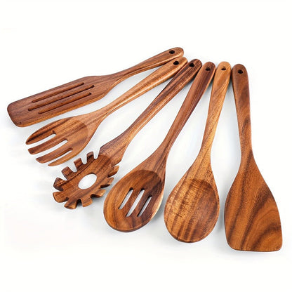 Wooden Cooking Utensils Set 6 Piece – Teak Wood Non-Stick Kitchen Tools with Comfortable Grip | Sturdy, Lightweight & Heat-Resistant